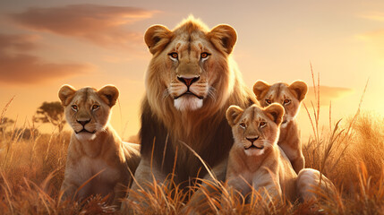 Group of lions on the savanna. Generative AI