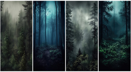 Cinematic and dramatic, a set of forest landscapes. Charming and nordic color tones.  Created with Generative AI technology.
