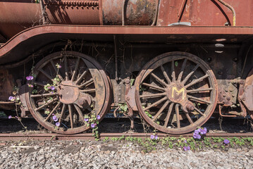 Fototapeta na wymiar Detail of a train wheel from a rusty railroad car on a track with purple flowers