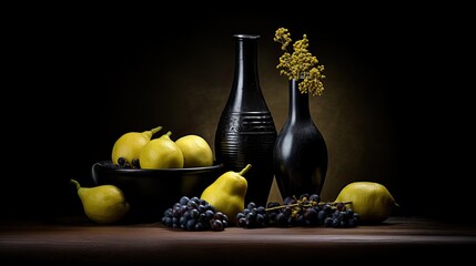 A still-life of colorful fruit, vibrant vases, and a bottle of produce create an inviting indoor atmosphere