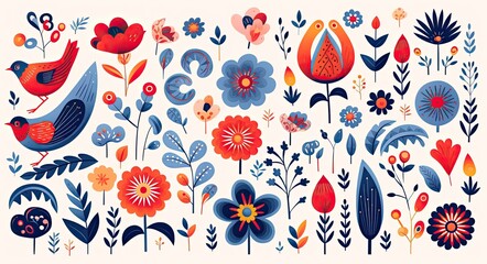 Naklejka premium This dynamic drawing features a vibrant mix of flowers and leaves that captures the beauty of nature and invokes an appreciation of art, design, and illustration