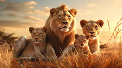 Group of lions on the savanna. Generative AI