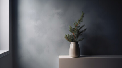 Generative AI, fir branch in a vase against the background of a plain light wall, New Year's minimalistic decor, Scandinavian-style Christmas interior, space for text