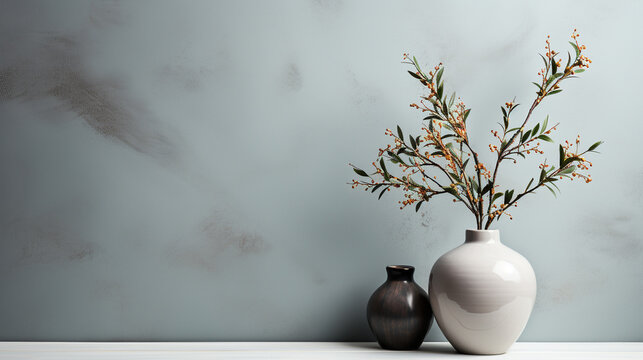 Generative AI, a branch of a flowering plant in a ceramic or glass vase against the background of a plain light wall, a minimalist interior, a place for text, a herbarium
