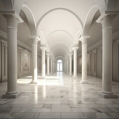 The symmetrical grandeur of the expansive white arcade with its towering columns and awe-inspiring architecture fills the space with a timeless, elegant beauty