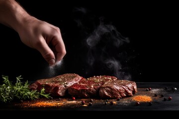 Chef hands cooking meat steak and adding salt and pepper on black copy space background for menu restaurant or recipe text.