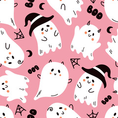 Vector colored seamless repeating childish pattern with cute ghosts on background. Greeting card and invitation design for seasonal autumn holidays, halloween.