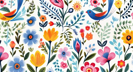 Fototapeta na wymiar This vibrant floral pattern featuring a bird captures the essence of artistry and imagination, radiating with beauty and joy