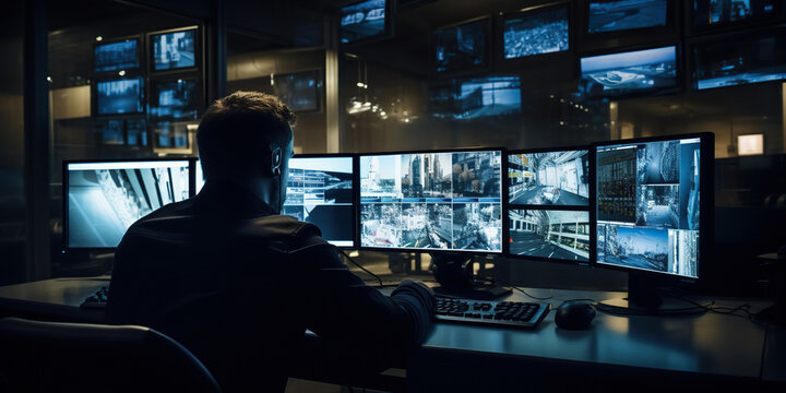 An armed security guard in a bank diligently monitors the situation inside the building using surveillance monitors, ensuring a secure environment. Generative AI