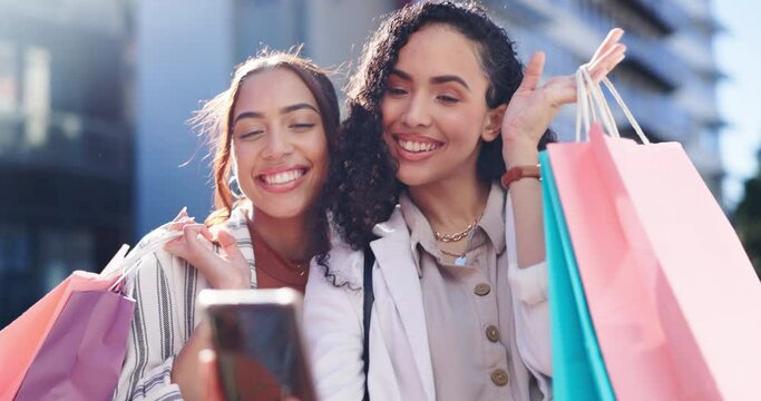 Happy woman, friends and shopping bag in city selfie, photography or outdoor happiness together. People smile in street mall, sale or discount fashion deal, social media or retail store in urban town
