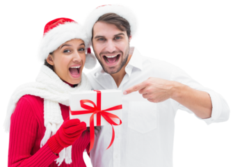 Digital png photo of caucasian couple with present and santa hat on transparent background