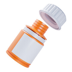 Plastic orange pill bottle with blank label and open cup afloat. Isolated on a transparent background