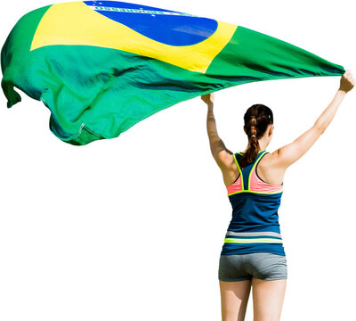 Naklejka Digital png photo of caucasian sportswoman with flag of brazil on transparent background