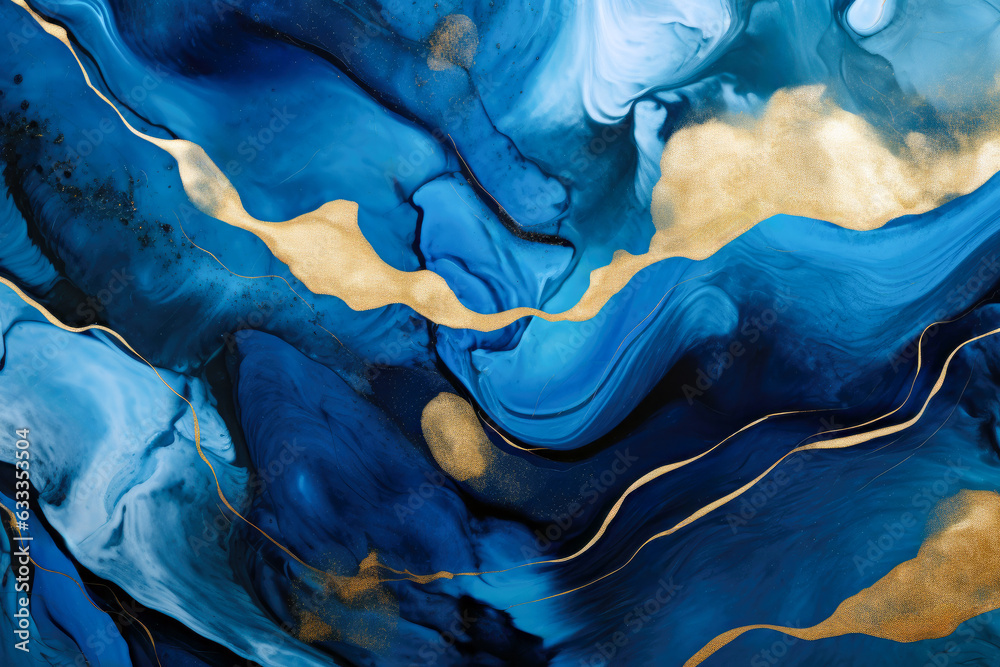 Poster the background features an abstract blue and gold pattern formed by the flow of colors from a marble