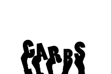 Digital png illustration of hands holding carbs text on transparent background