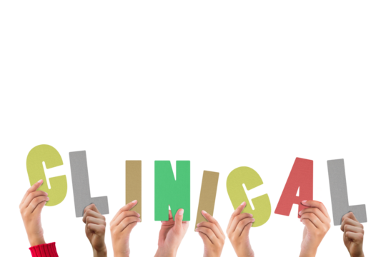 Digital png illustration of hands holding clinical text on transparent background