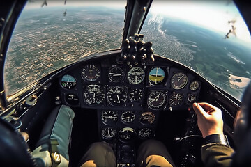 Through the cockpit window, a breathtaking view unfolds as the fighter jet pierces through the sky. The pilot's hand rests firmly on the control stick. Generative AI