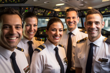 The pilots and crew of a modern airliner smile for a group photo, exuding confidence and professionalism. Generative AI.