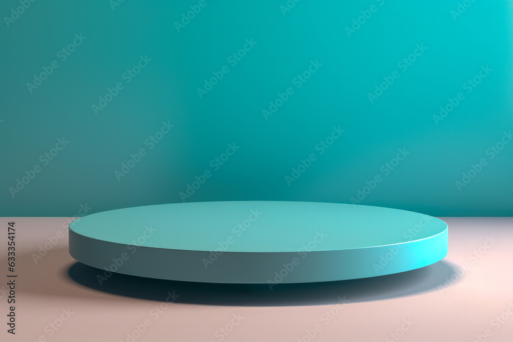 Poster the blue podium is placed on top of a white table with a bright pastel blue wall background, creatin