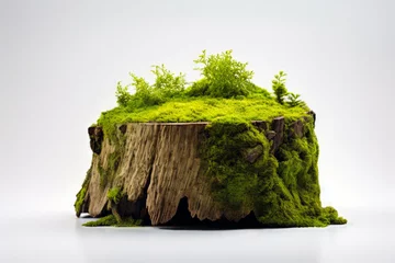 Keuken foto achterwand Gras The fresh-looking tree stump is filled with lush green moss that almost covers its entire surface, set against a white background.