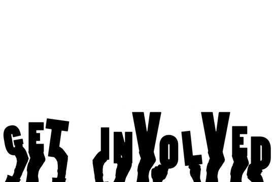 Digital png illustration of hands holding get involved text on transparent background