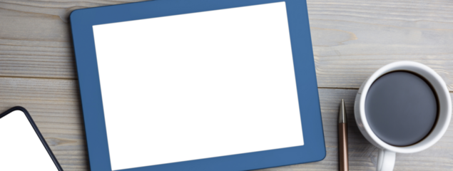 Digital png illustration of desk with coffee and tablet with copy space on transparent background