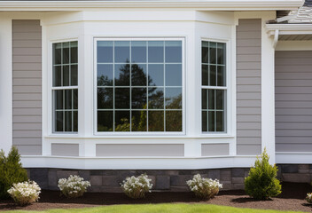 Bay Window in a House With Vinyl Siding, Exterior View	 - obrazy, fototapety, plakaty