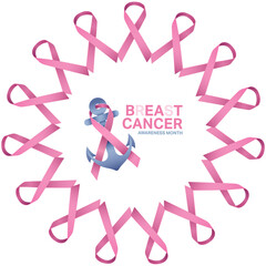 Digital png illustration of pink ribbon circle and breast cancer text on transparent background