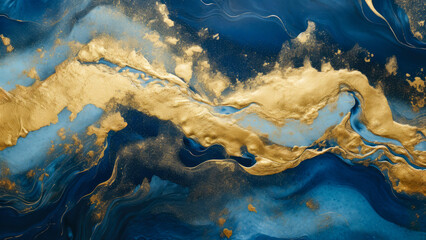 Obraz premium Marble abstract acrylic with blue and golden powder background. Agate ripple pattern.