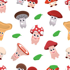 Cute mushrooms pattern. boletus, chanterelles, amanita, champignons, porcini, cartoon cute funny childish characters mushrooms with different emoji. vector cartoon characters seamless pattern.