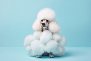 Cute white dog with fluffy fur. Pet, grooming, salon, minimal background with copy space