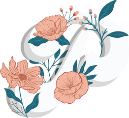 Digital png illustration of letter p with flowers on transparent background