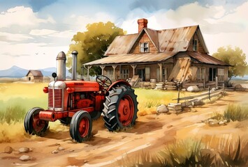 An illustration drawing of vintage red tractor in front of a house at farm - obrazy, fototapety, plakaty