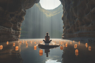 Young woman meditating in a cave with tranquil sounds to improve her attention span