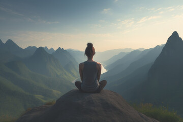 Young woman meditating at dawn on a mountain with panoramic views to improve her anxiety and stress levels and improve her concentration