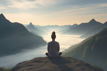 Young woman meditating at dawn on a mountain with panoramic views to improve her anxiety and stress levels and improve her concentration - obrazy, fototapety, plakaty