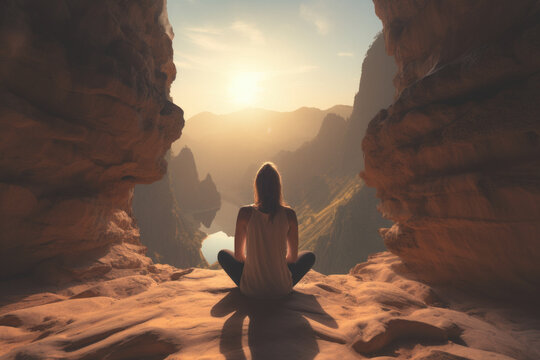 Young woman meditating at sunset at the entrance of a cave in the mountains with panoramic views to reduce her stress and anxiety levels during the golden hour