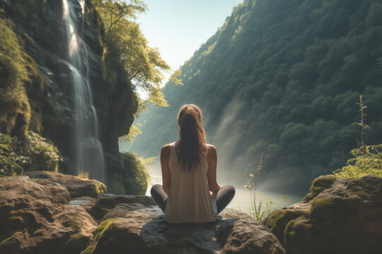Young woman meditating at the foot of a relaxing waterfall to improve focus
