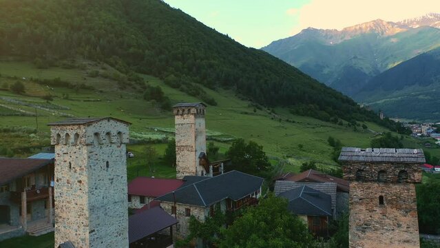 Svan towers are tower houses built as defensive dwellings in Georgian historical region of Svaneti, present day Samegrelo Zemo Svaneti, built between 9th and 12th centuries, aerial view from drone