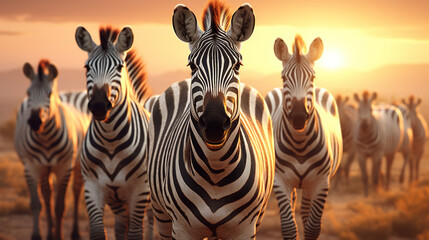 Fototapeta na wymiar Herd of zebras in the morning sun. Generative AI
