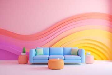 Pastel rainbow colors. background, room interior. Sofa. Candy colors. Real estate illustration. Generative AI.