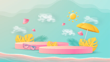 Fototapeta na wymiar Hello summer poster banner display podium with summer beach scene design background
