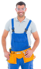 Digital png photo of happy caucasian male worker with tools on transparent background