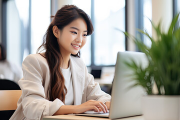 Young asian woman using laptop computer planning for success in modern office, businesswoman typing and watching notebook with confident, employee working on desk, business concept, generative ai