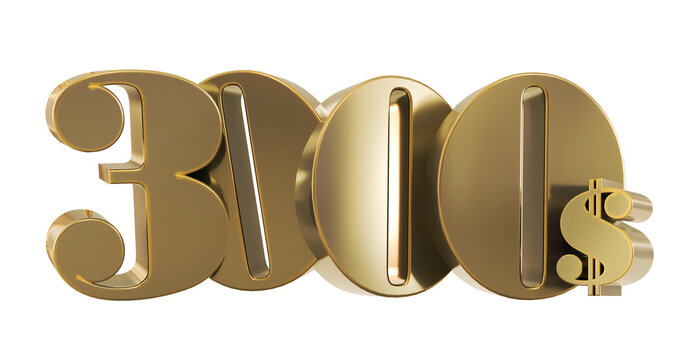 3D render of gold 3000 dollars isolated on transparent background, golden three thousand dollars