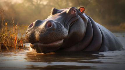 Huge hippopotamus swimming in the river. Generative AI - obrazy, fototapety, plakaty