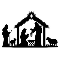 Holy Night silhouette - Nativity scene of baby Jesus silhouette in a manger with Mary and Joseph with the three wise men. Christian Christmas silhouette of animals. Illustration for children. - obrazy, fototapety, plakaty