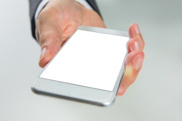 Digital png photo of hand holding smartphone on transparent background