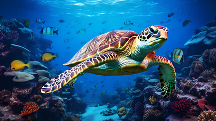 An underwater scene with a sea turtle slowly swimming amidst coral reefs