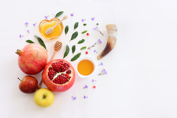Rosh hashanah (jewish New Year holiday) concept. Traditional symbols